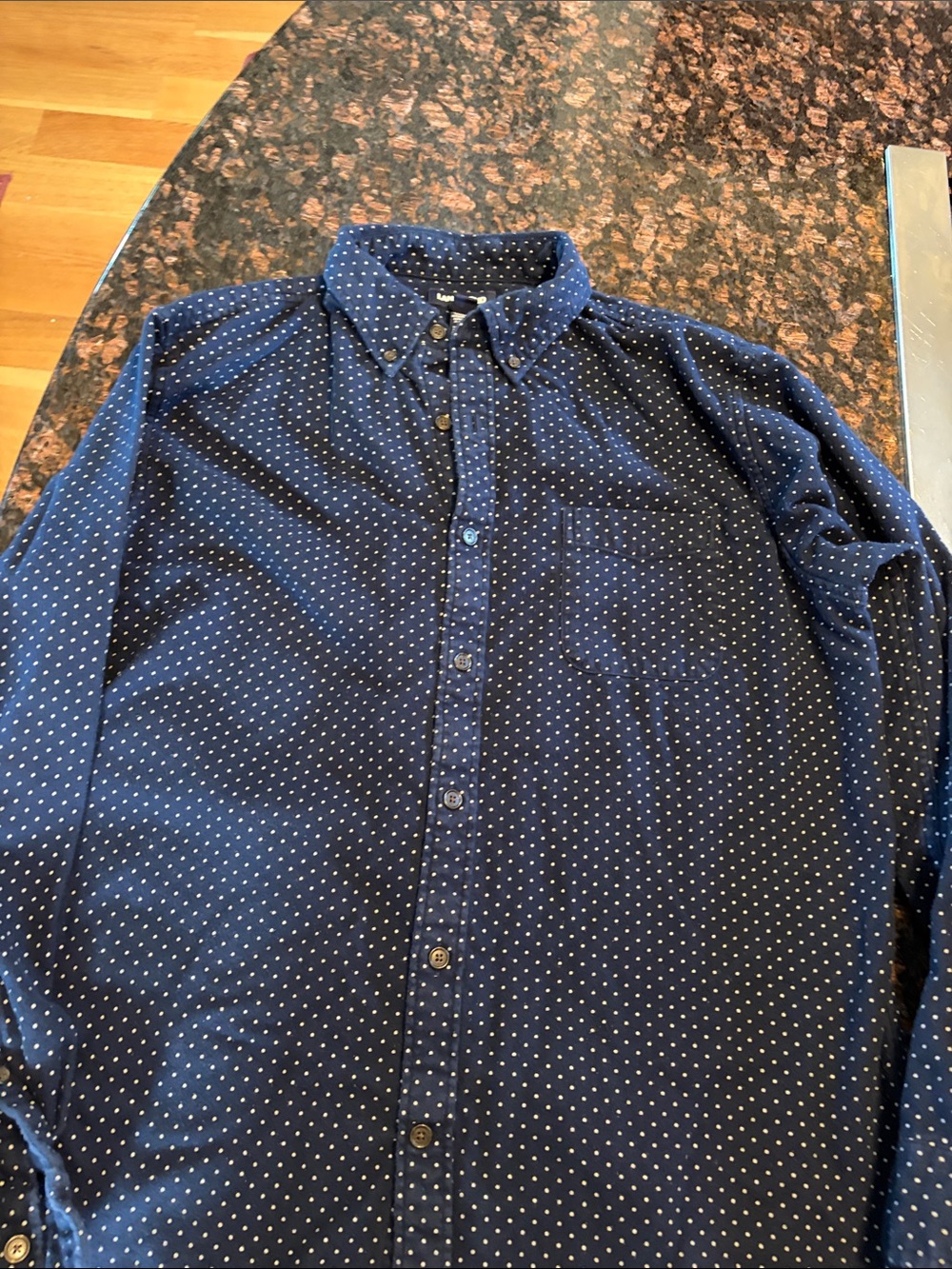 Lands' End Navy Button-Down Shirt with White Dot Pattern